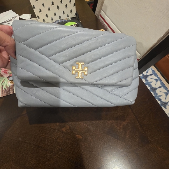 Tory Burch Kira Chevron Small Leather Shoulder Bag Rainwater Blue - Picture 13 of 16